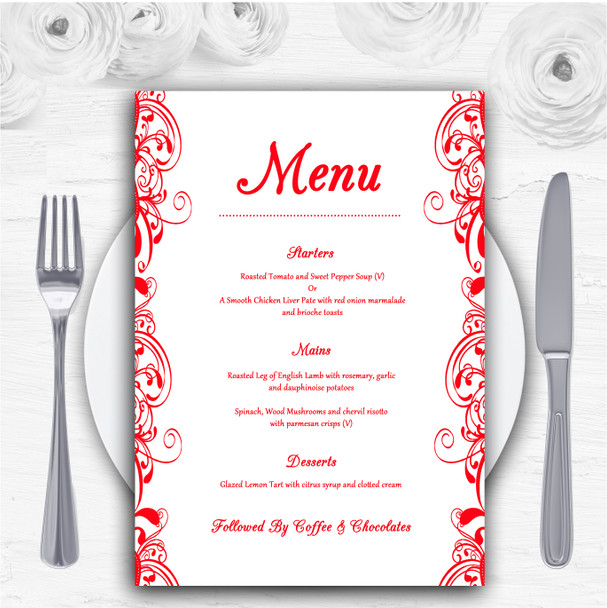 White & Red Swirl Deco Personalised Wedding Menu Cards