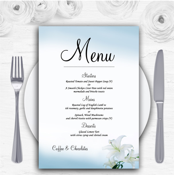 White Blue Lily Flower Personalised Wedding Menu Cards