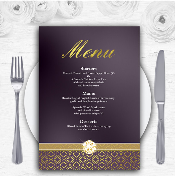 Purple Satin And Gold Personalised Wedding Menu Cards