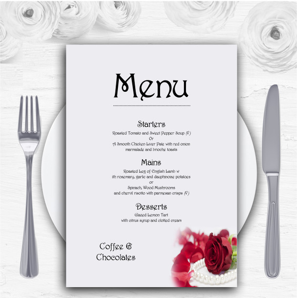 White Pearl Red Rose Personalised Wedding Menu Cards