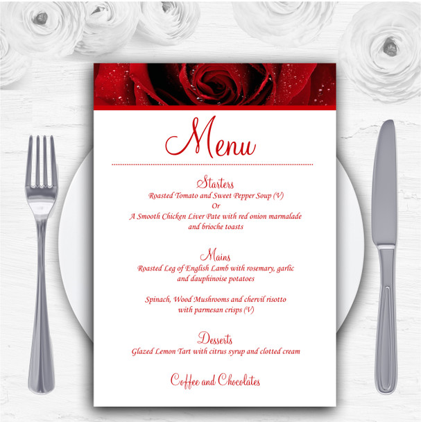 Deep Red Wet Rose Personalised Wedding Menu Cards