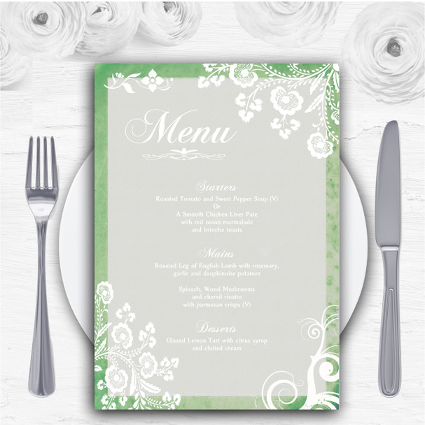 Rustic Green Lace Personalised Wedding Menu Cards