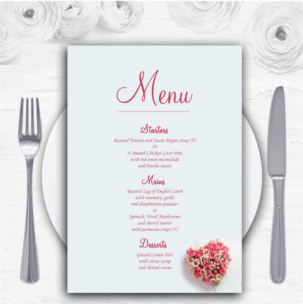 Pink Heart Roses Personalised Wedding Menu Cards