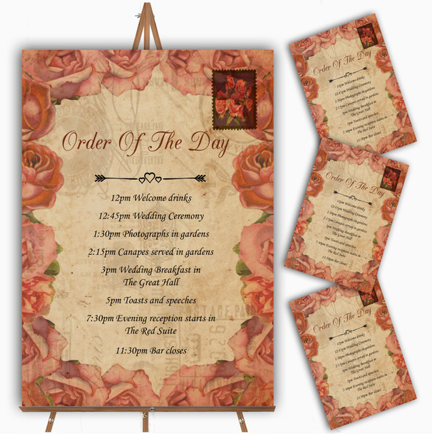 Shabby Chic Vintage Postcard Rustic Coral Rose Wedding Order Of The Day Cards