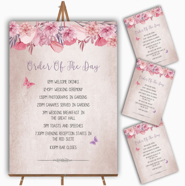 Blush Dusty Pink Lilac Vintage Watercolour Floral Wedding Order Of The Day Cards