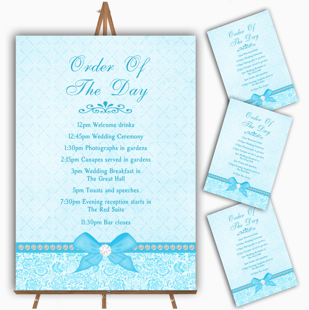 Pretty Floral Vintage Bow Diamante Aqua Sky Blue Wedding Order Of The Day Cards