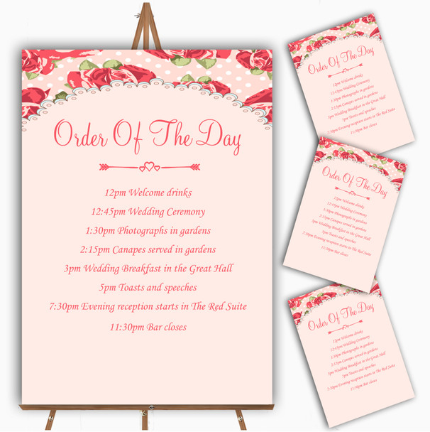 Coral Pink Floral Shabby Chic Chintz Personalised Wedding Order Of The Day Cards