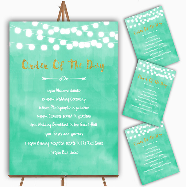 Mint Green & Gold Lights Watercolour Personalised Wedding Order Of The Day Cards