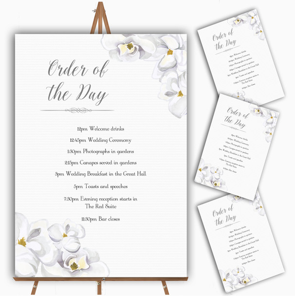 Stunning White Watercolour Magnolias Personalised Wedding Order Of The Day Cards