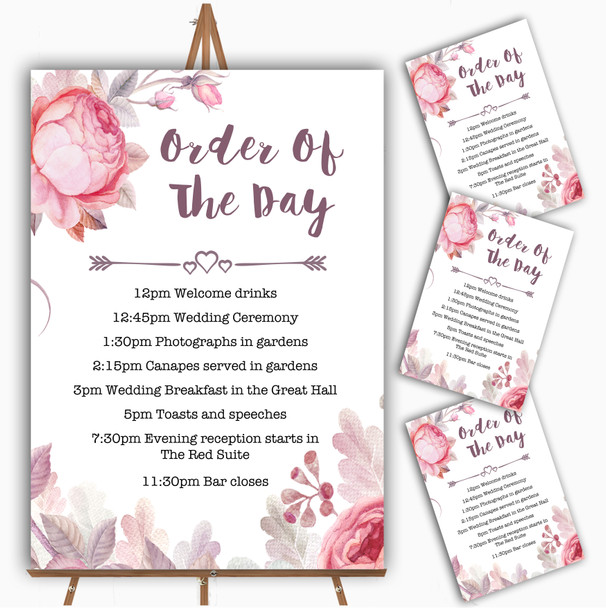 Beautiful Watercolour Floral Personalised Wedding Order Of The Day Cards and Signs