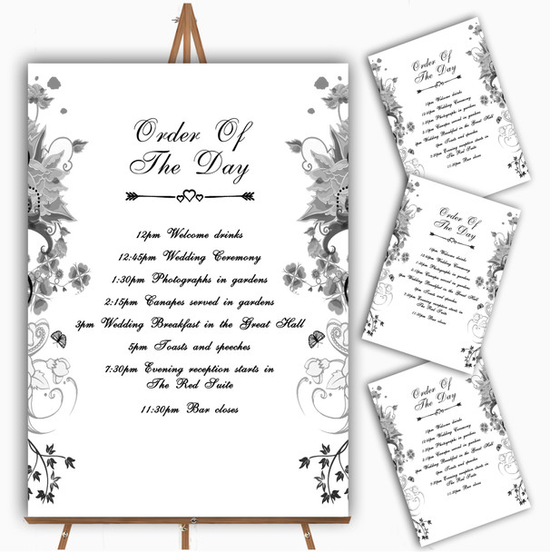 Black White Flower Butterfly Personalised Wedding Order Of The Day Cards & Signs