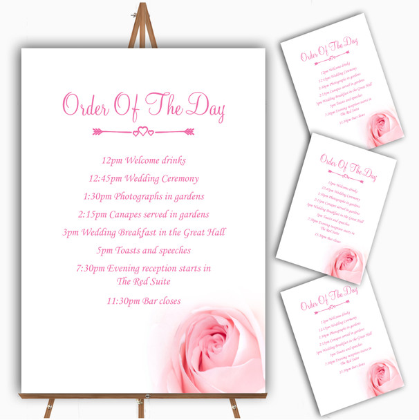 Stunning Pale Baby Pink Rose Personalised Wedding Order Of The Day Cards & Signs