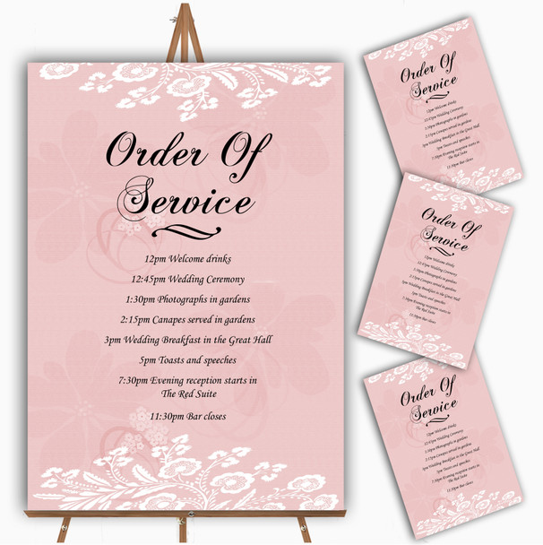 Vintage Lace Coral Pink Chic Personalised Wedding Order Of The Day Cards & Signs