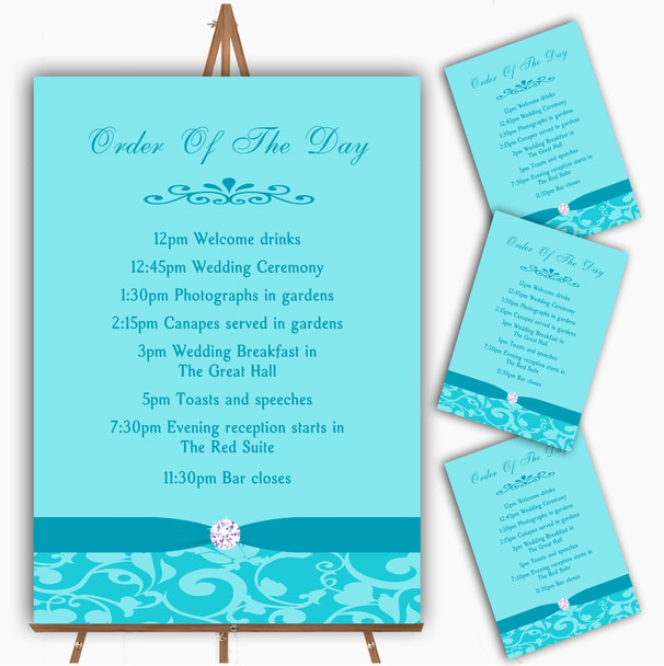 Blue Vintage Floral Damask Diamante Personalised Wedding Order Of The Day Cards
