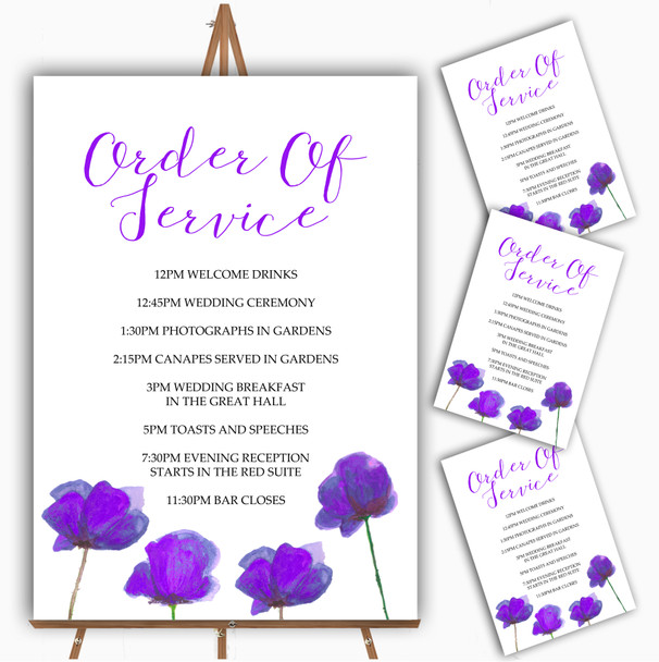 Stunning Watercolour Poppies Purple Personalised Wedding Order Of The Day Cards