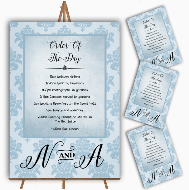 Vintage Damask Initials Powder Blue Personalised Wedding Order Of The Day Cards