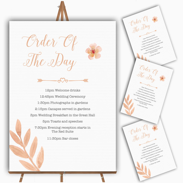 Watercolour Subtle Coral Pink Peach Personalised Wedding Order Of The Day Cards