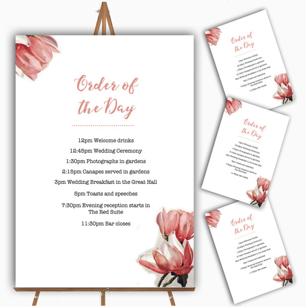 Watercolour Coral Magnolias Personalised Wedding Order Of The Day Cards & Signs