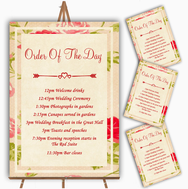 Vintage Pink Shabby Chic Flowers Postcard Style Wedding Order Of The Day Cards