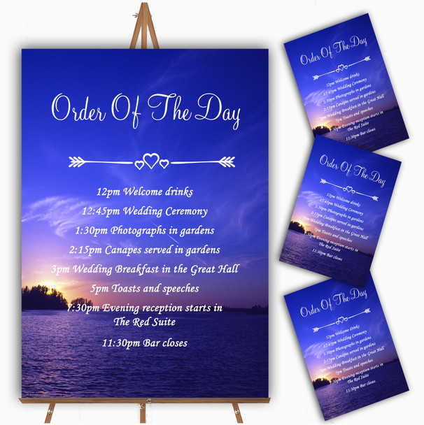 Beautiful Blue Purple Sunset Beach Personalised Wedding Order Of The Day Cards