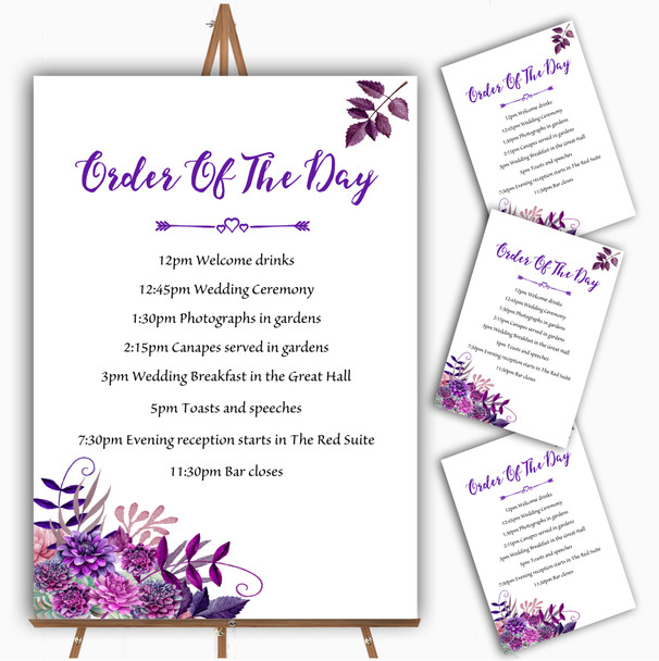 Cadbury Purple Watercolour Florals Personalised Wedding Order Of The Day Cards
