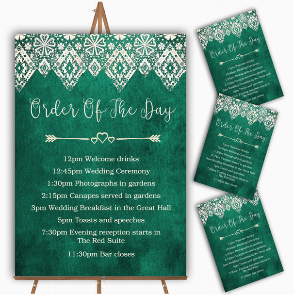 Teal Green Old Paper & Lace Effect Personalised Wedding Order Of The Day Cards