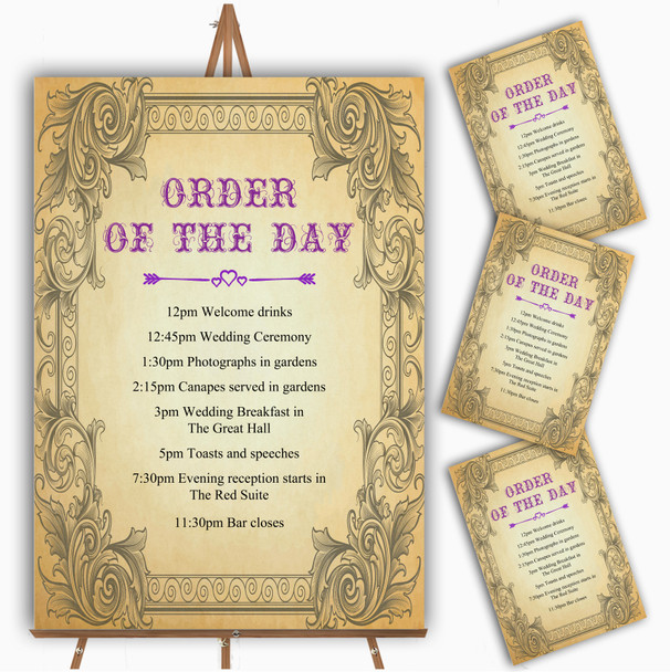 Typography Vintage Purple Postcard Personalised Wedding Order Of The Day Cards
