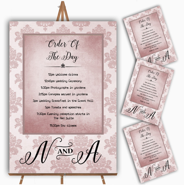 Vintage Damask Initials Blush Pink Personalised Wedding Order Of The Day Cards
