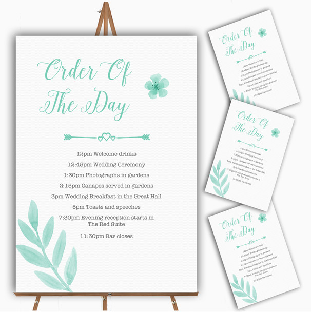 Watercolour Subtle Teal Mint Green Personalised Wedding Order Of The Day Cards