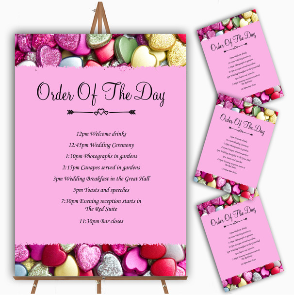 Colourful Cute Love Hearts Personalised Wedding Order Of The Day Cards & Signs