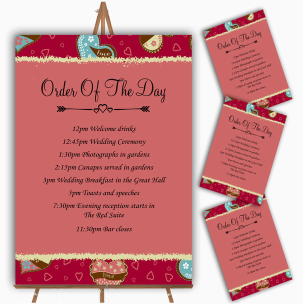 Modern Red Fun Love Hearts Personalised Wedding Order Of The Day Cards and Signs