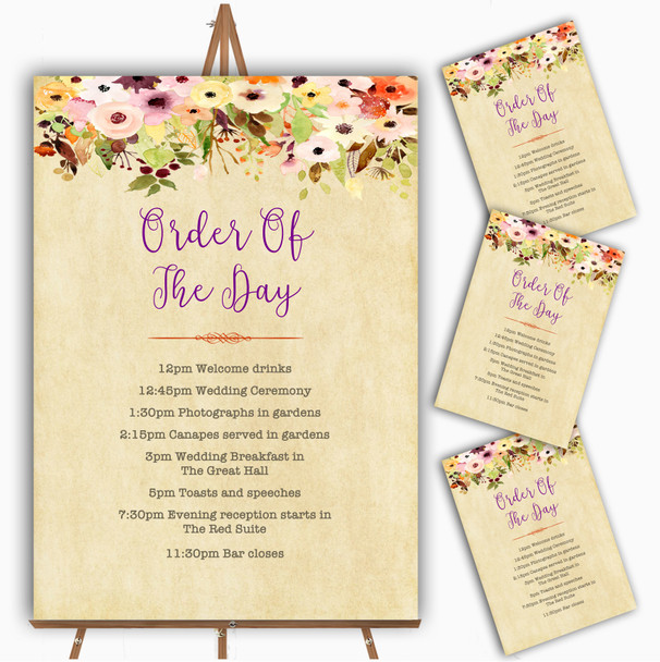 Vintage Spring Watercolour Personalised Wedding Order Of The Day Cards and Signs