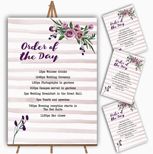 Watercolour Stripes Purple Personalised Wedding Order Of The Day Cards & Signs