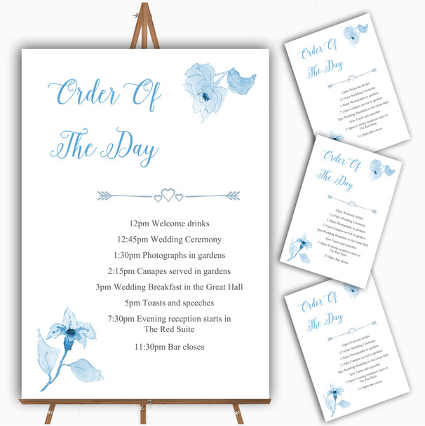 Beautiful Powder Baby Blue Watercolour Flowers Wedding Order Of The Day Cards