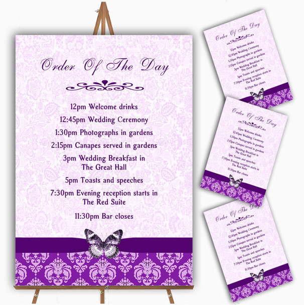 Cadbury Purple Vintage Floral Damask Butterfly Wedding Order Of The Day Cards