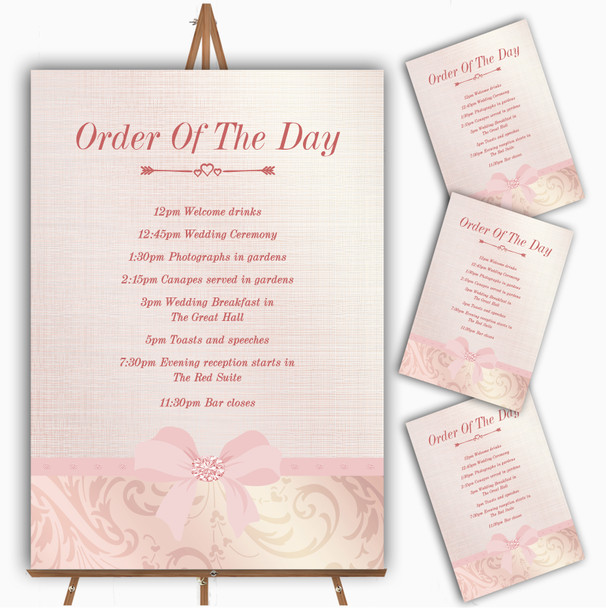 Pretty Pale Coral Floral Diamante Personalised Wedding Order Of The Day Cards