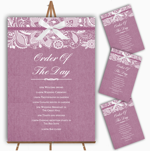 Vintage Plum Purple Burlap & Lace Personalised Wedding Order Of The Day Cards