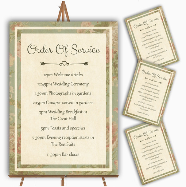 Vintage Sage Green Postcard Style Personalised Wedding Order Of The Day Cards