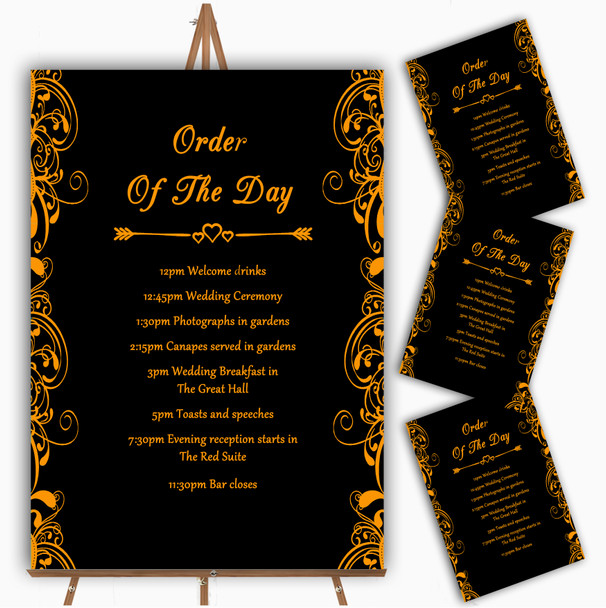 Black & Orange Swirl Deco Personalised Wedding Order Of The Day Cards & Signs