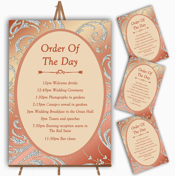 Coral Peach Cream Diamond Personalised Wedding Order Of The Day Cards & Signs