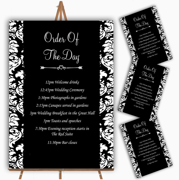 Floral Black White Damask Personalised Wedding Order Of The Day Cards & Signs