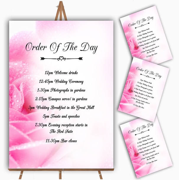Pastel Pale Wet Pink Rose Personalised Wedding Order Of The Day Cards & Signs