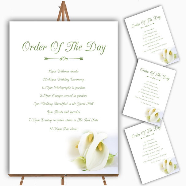 Stunning White Lily Green Personalised Wedding Order Of The Day Cards & Signs