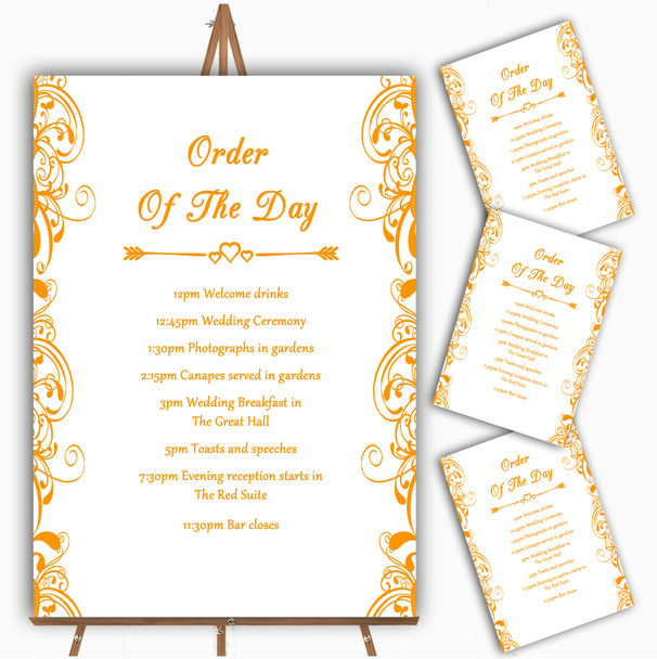 White & Orange Swirl Deco Personalised Wedding Order Of The Day Cards & Signs