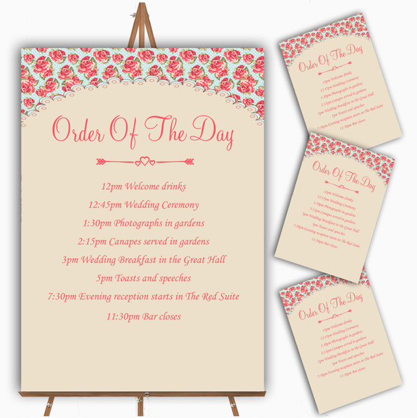 Blue And Coral Pink Floral Shabby Chic Chintz Wedding Order Of The Day Cards