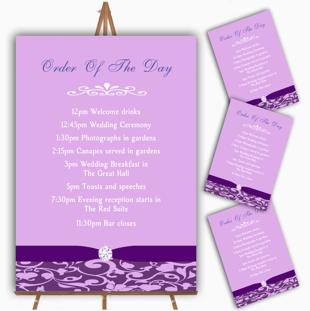 Cadbury Purple Vintage Floral Damask Diamante Wedding Order Of The Day Cards