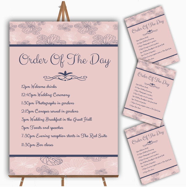 Dusty Coral Pink And Blue Floral Personalised Wedding Order Of The Day Cards