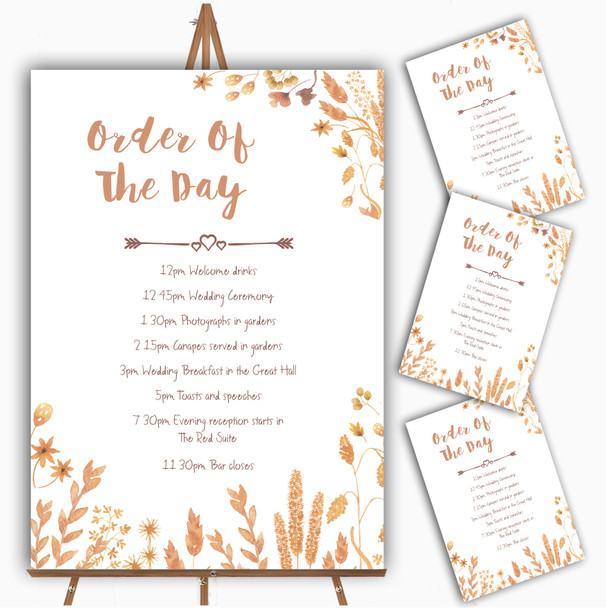 Golden Autumn Leaves Watercolour Personalised Wedding Order Of The Day Cards