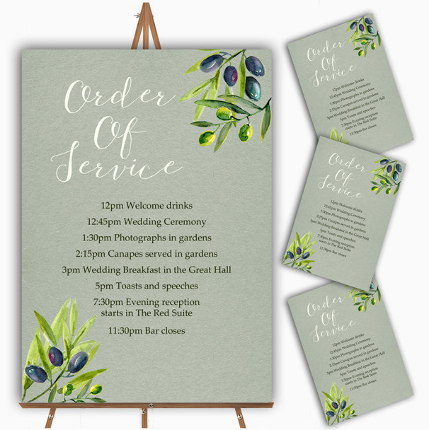 Rustic Vintage Watercolour Olive Personalised Wedding Order Of The Day Cards