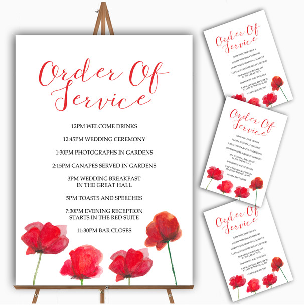 Stunning Watercolour Poppies Red Personalised Wedding Order Of The Day Cards